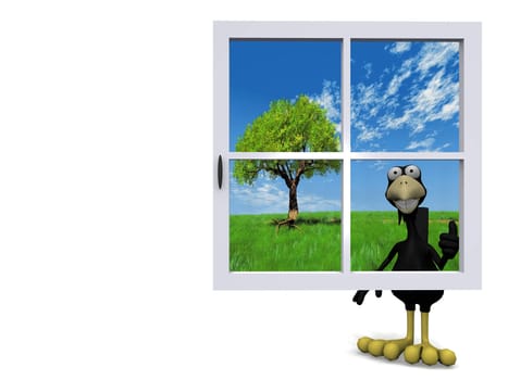 crow behind the blue window

