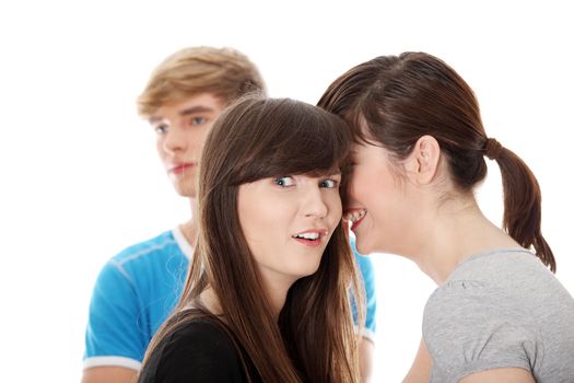 Two girls talking (gossip) about boy, isolated on white