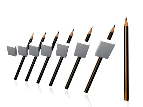 a line of pencils and erasers
