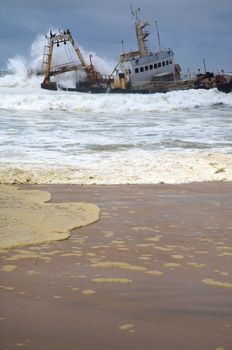 Fishing ship in danger on the beach in Swakopmund namibia