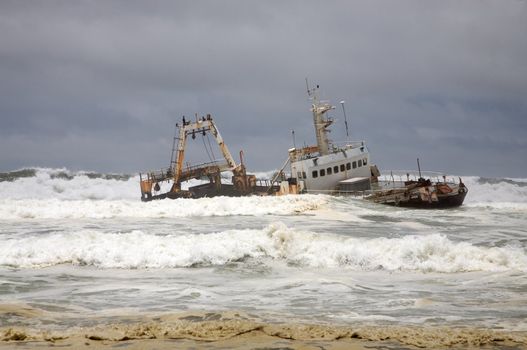 Fishing ship in danger on the beach in Swakopmund namibia