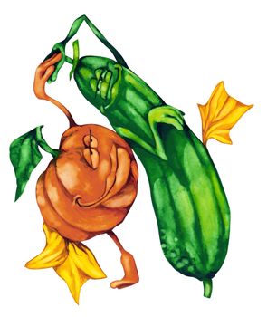 Painted Illustration of Pumpkin and Cucumber in love dancing