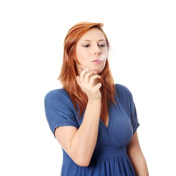 Young woman smoking electronic cigarette (ecigarette), isolated on white