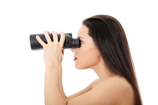 Young woman with binocular, isolated on white