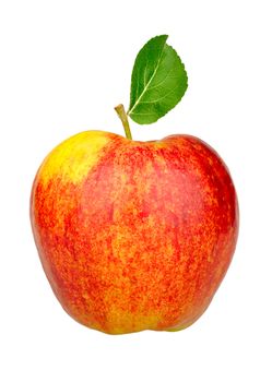 one red apple with green leaf isolated on a white