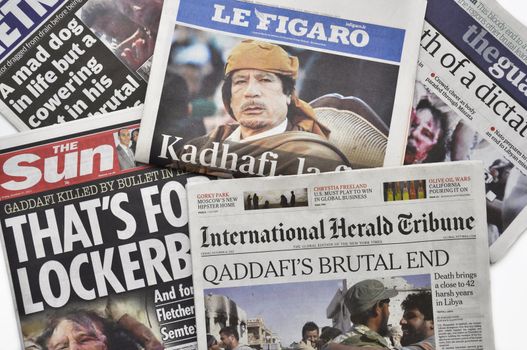 LONDON - OCTOBER 20: Gaddafi's death makes headlines in the press on October 20, 2011. Gaddafi was president of Libya for 42 years.