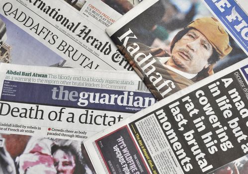 LONDON - OCTOBER 20: Gaddafi's death makes headlines in the press on October 20, 2011. Gaddafi was president of Libya for 42 years.