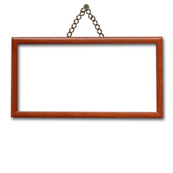 empty wooden frame hanging on the wall string isolated on white background 