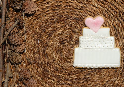 cookie-shaped wedding cake on a rustic background 