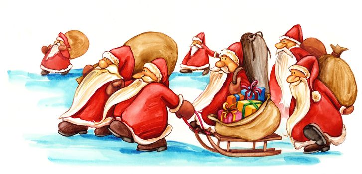 illustration of Santa Clauses with gifts