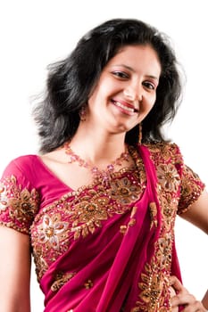 smiling Indian happy woman wearing  beautifully embroidered sari