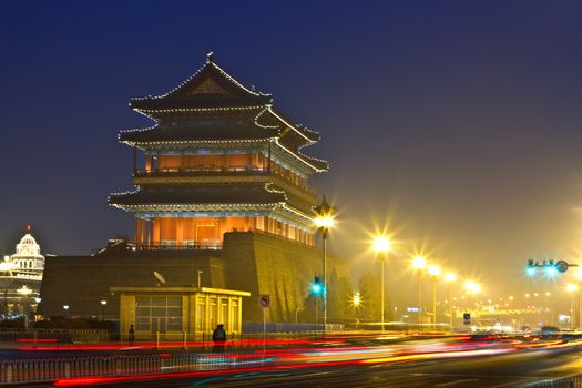 Night scene of ancient tower, qianmen, forbidden city