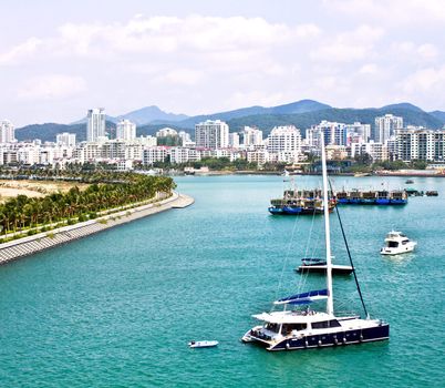 A whole view of the Phoenix Island Harbor of Sanya city, China