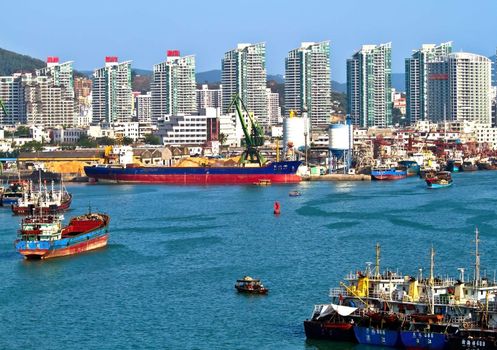 A whole view of the Phoenix Island Harbor of Sanya city, China