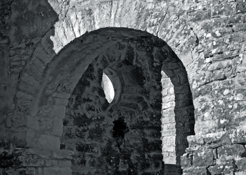 Inside walls of the old stone castle 
