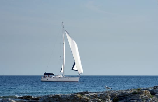 A boat sailing near the coast