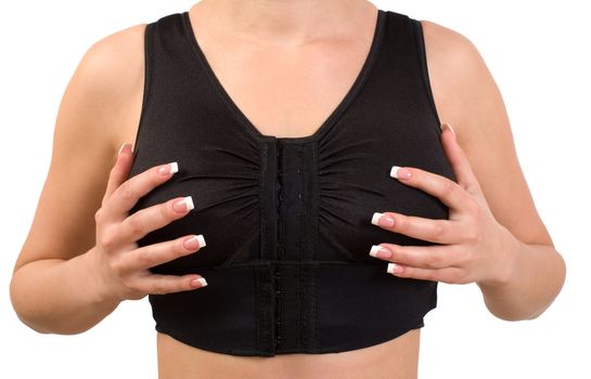 Girl holding hands on the chest compression underwear.