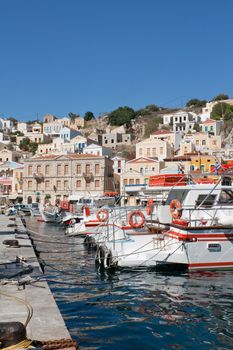 Partial view of Gialos, the harbour of the island of Symi in the Dodecanese, southeast of Aegean Sea, Greece.