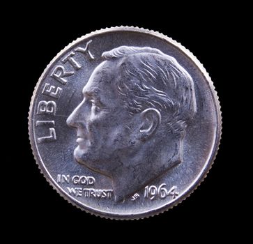 Pre 1964 dimes were 90% pure silver and are collectible. A good example of a Roosevelt dime isolated against black