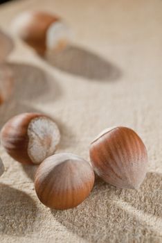 Hazelnuts on wooden plate with shallow depth of field