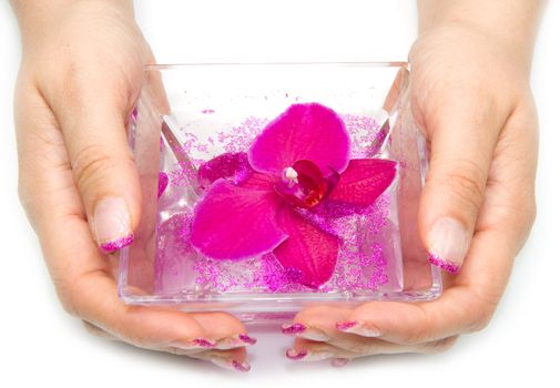 Beautiful hand with perfect nail french manicure and purple orchid flowers