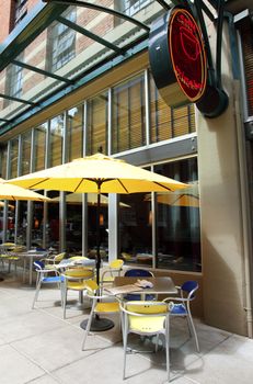 Outdoor cafe, wine and bar in a siwalk in downtown Portland OR.