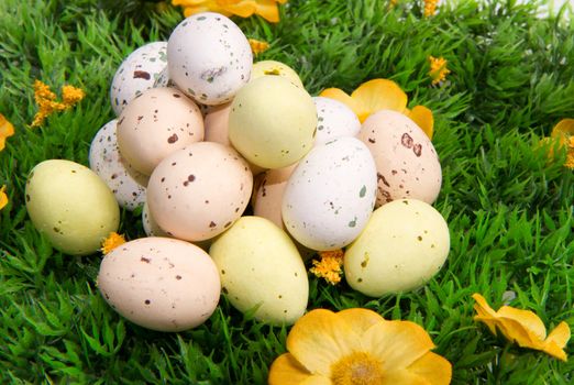 colorful easter eggs in a field of grass