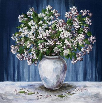 Picture oil paints on a canvas: a bouquet of jasmine in a white vase