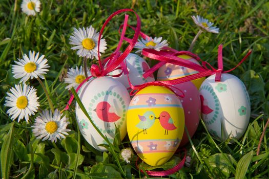 Easter eggs with daisy on grass