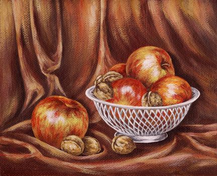 Apples and nuts on a red background. Picture oil paints on a canvas