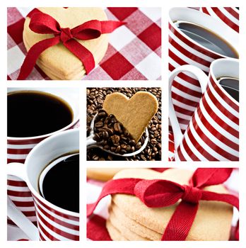 Collage of coffee and heart shaped cookies