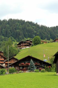 Chalets made of brown wood and decorated with flowers by summer at Diablerets village, Switzerland