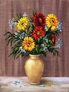 Flowers, bouquet in a ceramic jug. Picture, drawing oil paints on a canvas