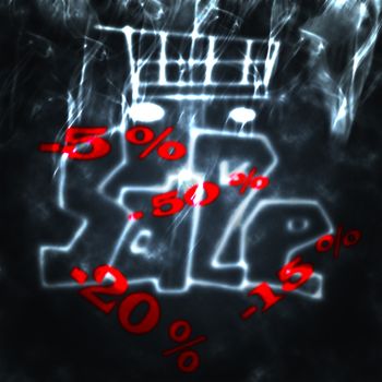 illustration of shopping cart and word sale in the smoke