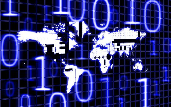 illustration of the world map and binary code