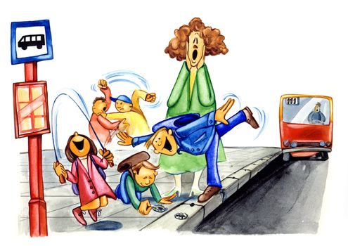 painting illustration of naughty school children on bus stop