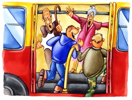 painting illustration of naughty boys on bus stop