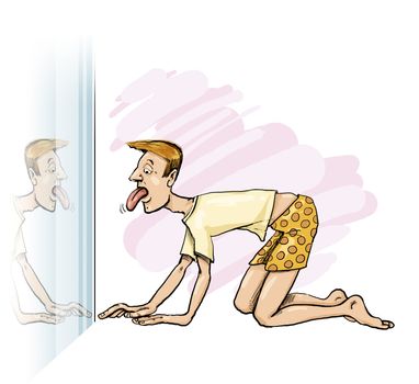 humorous illustration of man looking at his tongue in the mirror