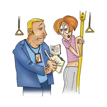 humorous illustration of ticket collector and woman in love