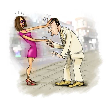 humorous illustration of man trying to kiss woman on a hand