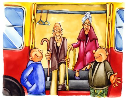 painting illustration of kind boys on bus stop