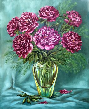 Picture oil paints on a canvas: a bouquet of peonies in a glass vase