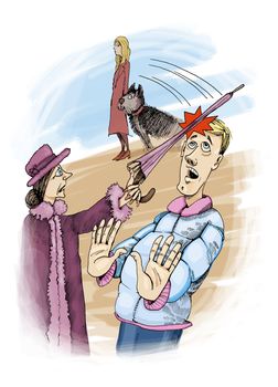 humorous illustration of old woman punching young man by umbrella
