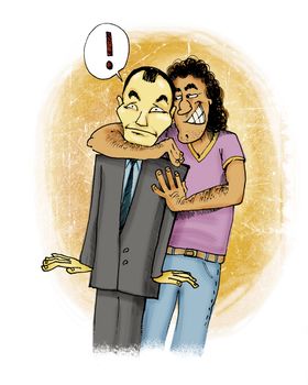 humorous illustration of italian guy giving a hug to Japanese