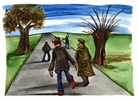 illustration of drunk village men