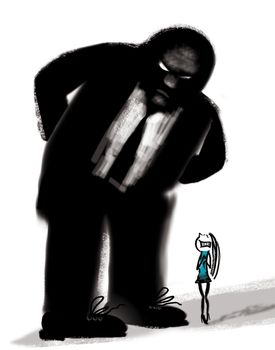 humorous illustration of bad boss and frightened woman