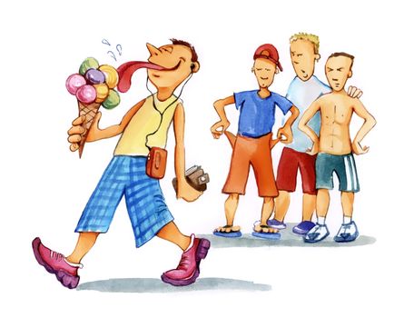 illustration of boy eating ice-creams and group of kids looking 