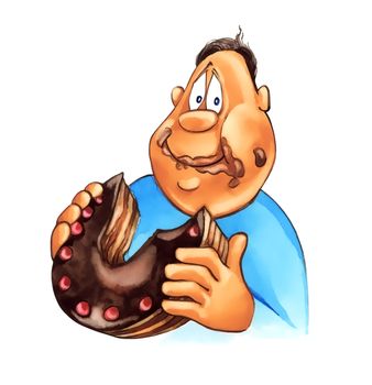 illustration of overweight boy eating big chocolate cake