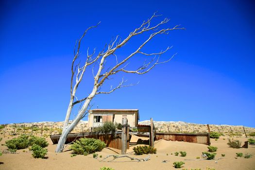 Abandoned house in Kolmanskop in Namibia with a blue sky and the desert of sand all around