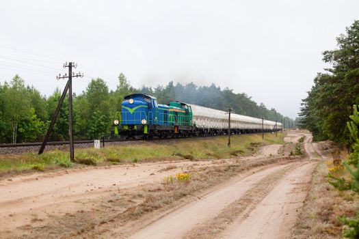 Freight train hauled by the diesel locomotives passing the forest
